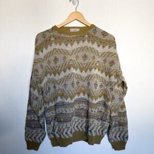 Vintage Pronto Uomo Sweater Med Colorful Geometric Tan Crewneck Lightweight